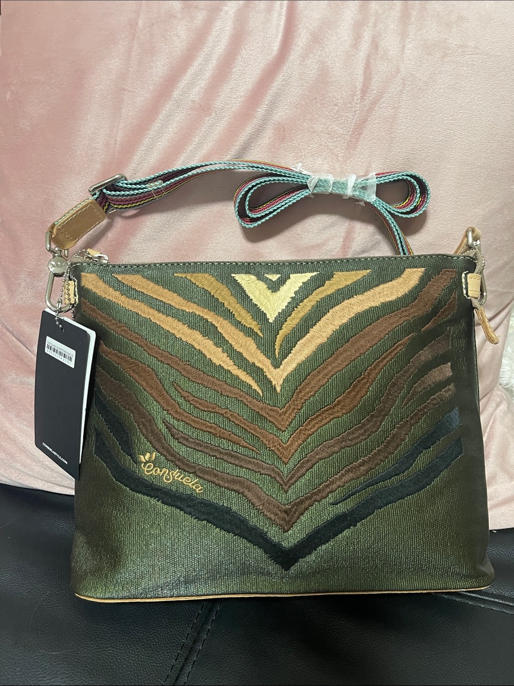 NWT Consuela Olive Brown Zebra Embroidered Crossbody with Multi-Stripe Strap